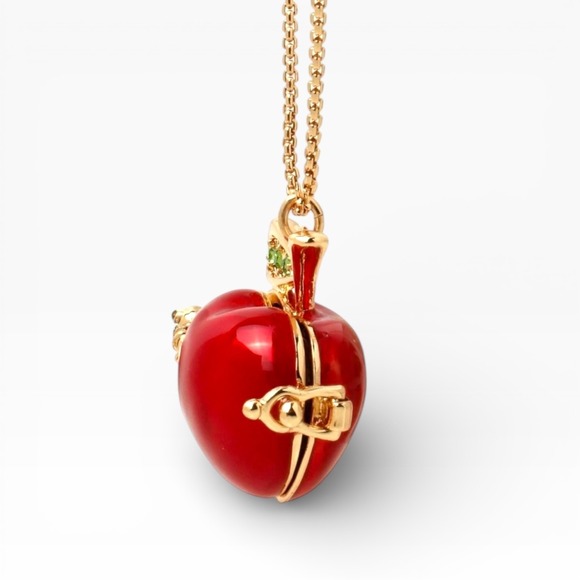 Betsey Johnson Red Apple Locket Necklace Bookworm Slider Charm Authentic New - Picture 2 of 8